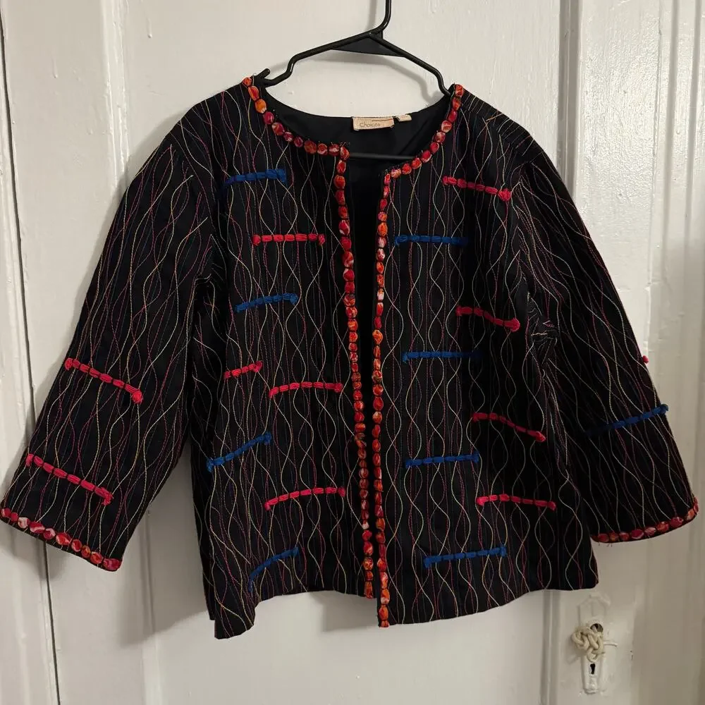 Multicolored Embroidery Boho‎ Bohemian Indie Artsy Teacher Black Blazer
